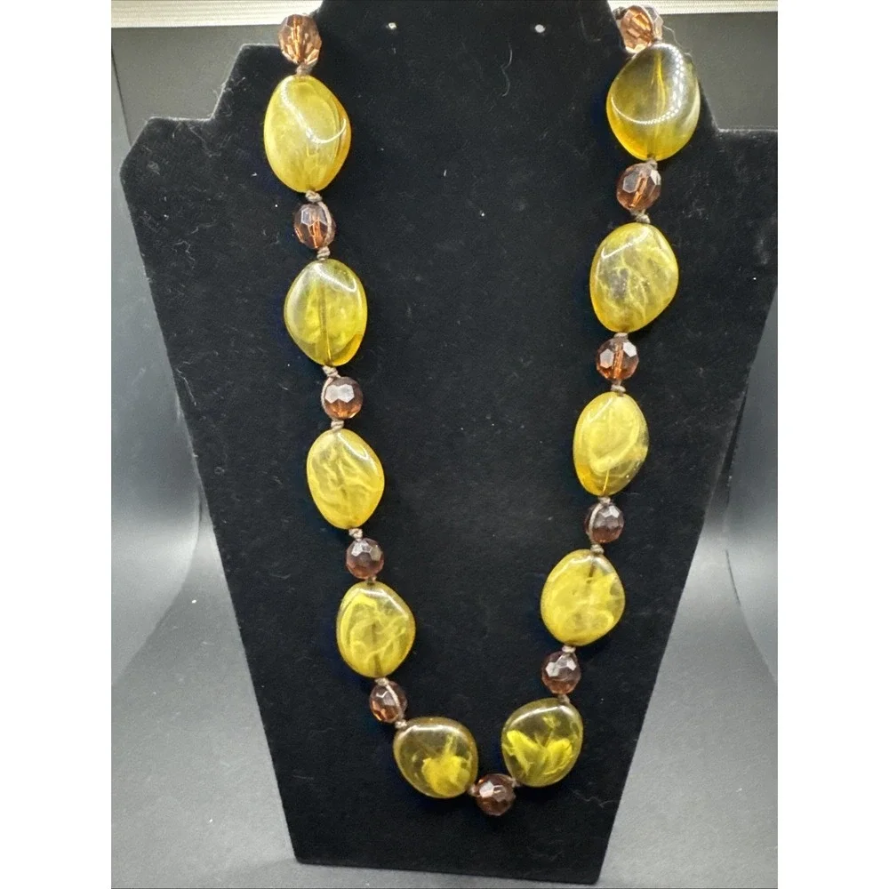 Chunky Yellow Marbled Resin & Amber Glass Beaded Statement Necklace 24 Inch